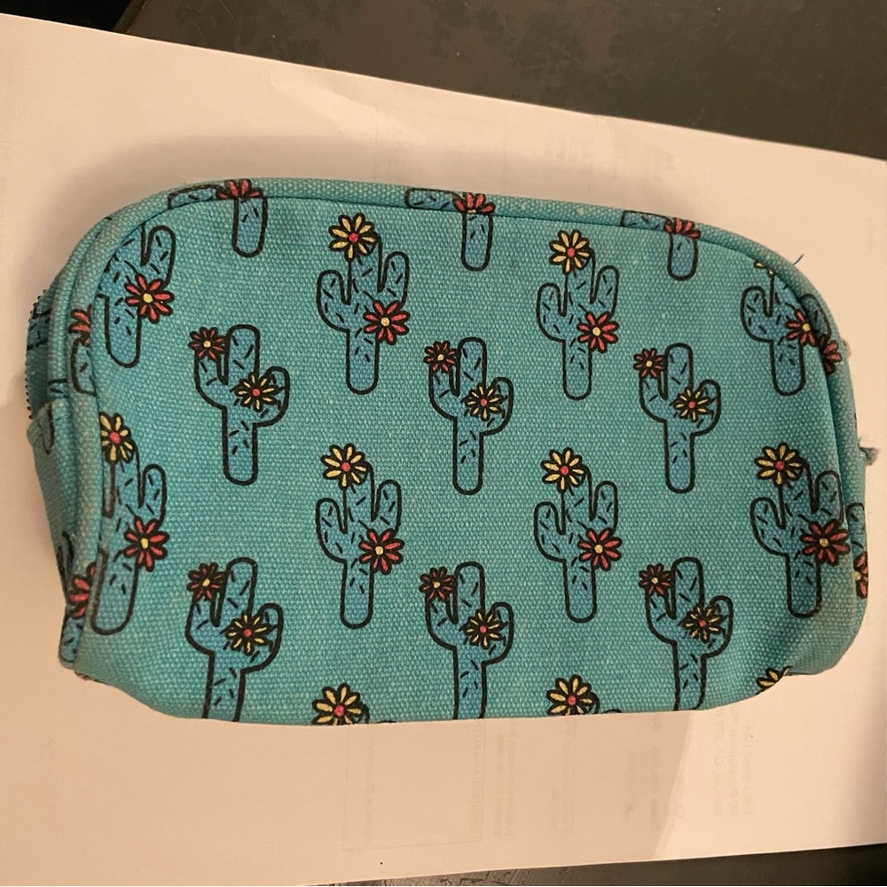 Turquoise Cactus Print Canvas makeup/cosmetic bag makeup, toiletries electronics